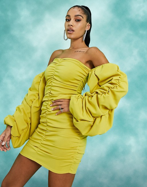 ASOS DESIGN extreme ruched bardot mini dress in chartreuse