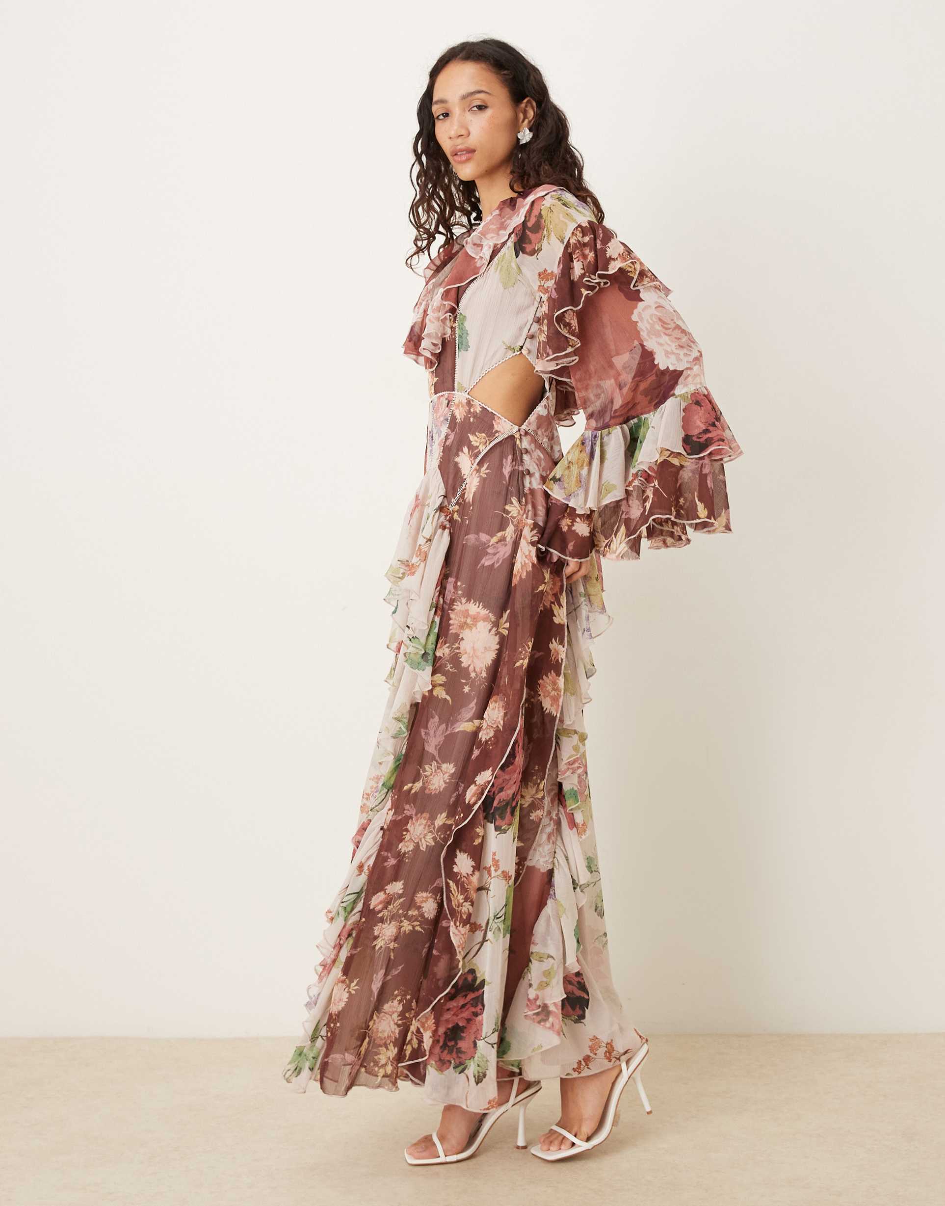 asos design extreme ruffle long sleeve maxi dress with high low hem in mixed floral print