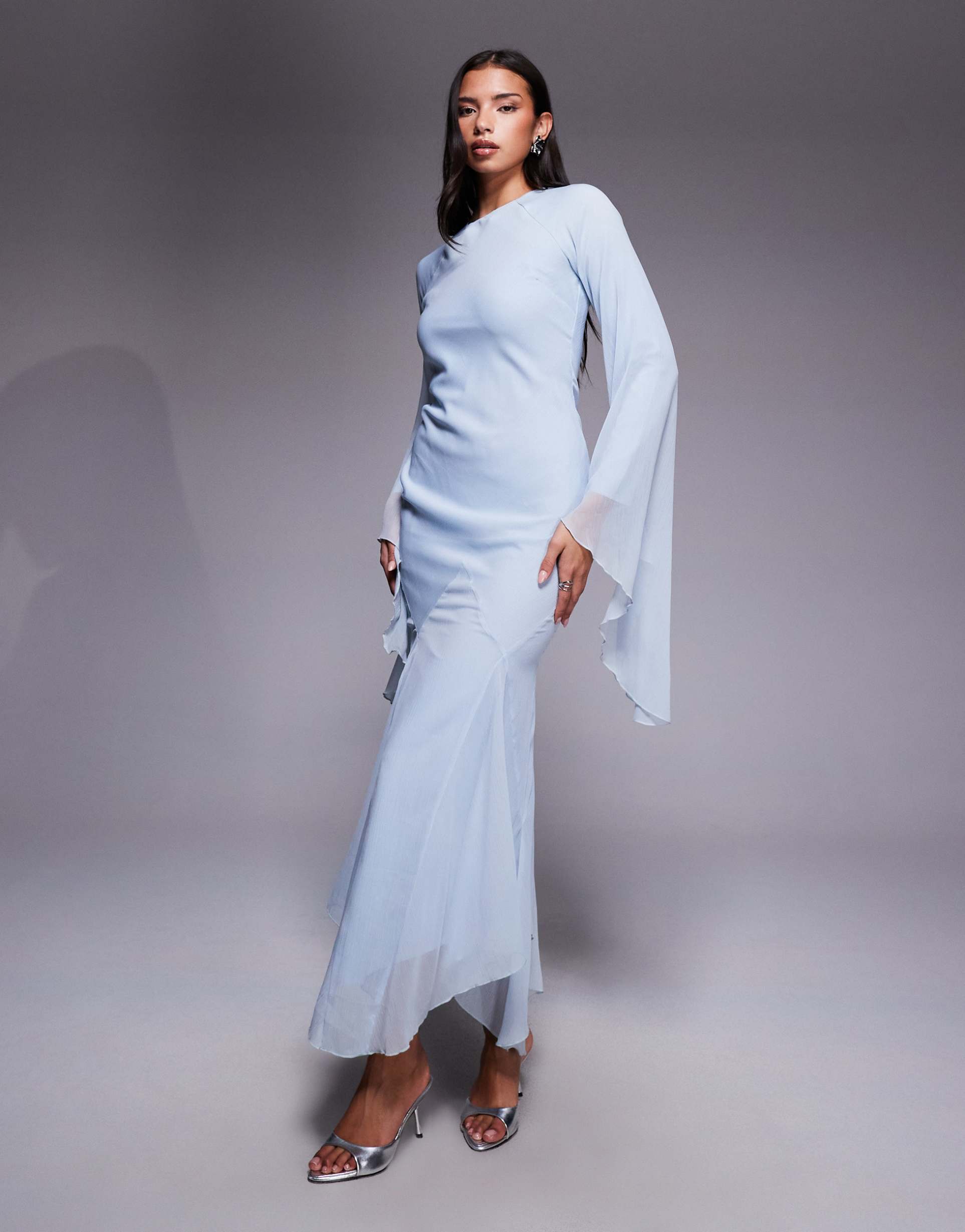 asos design extreme ruffle sleeve maxi dress with godet insert skirt in light blue