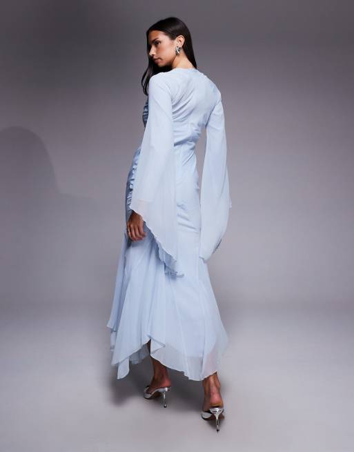 ASOS DESIGN extreme ruffle sleeve maxi dress with godet insert skirt in light blue, 3 of 4
