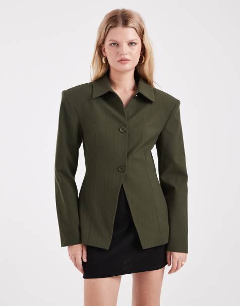 ASOS DESIGN extreme shoulder collar detail blazer in olive pinstripe