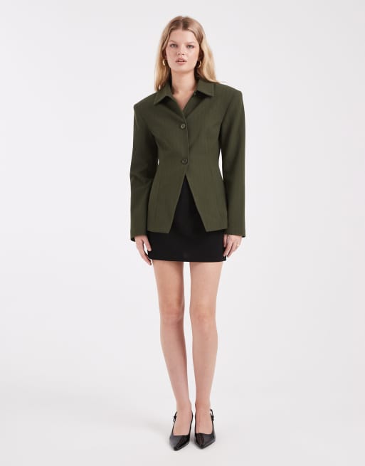 ASOS DESIGN extreme shoulder collar detail blazer in olive pinstripe, 2 of 4