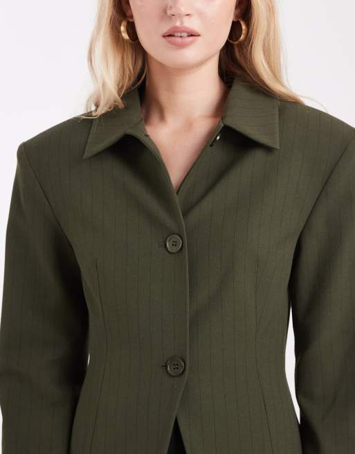 ASOS DESIGN extreme shoulder collar detail blazer in olive pinstripe, 3 of 4