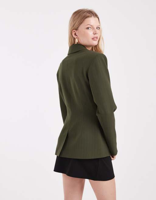 ASOS DESIGN extreme shoulder collar detail blazer in olive pinstripe, 4 of 4