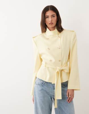 Asos Design Extreme Shoulders Cropped Trench Coat In Yellow