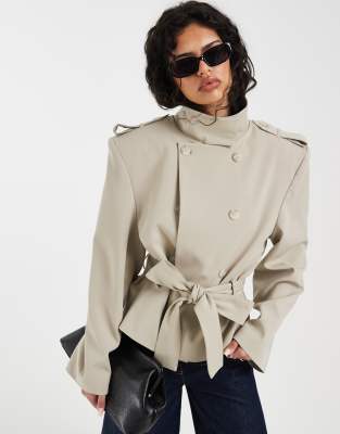 Asos Design Extreme Shoulders Cropped Trench Coat In Gray