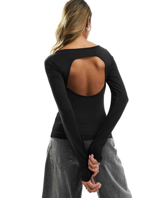 ASOS DESIGN extreme slash neck top with open back in black | ASOS