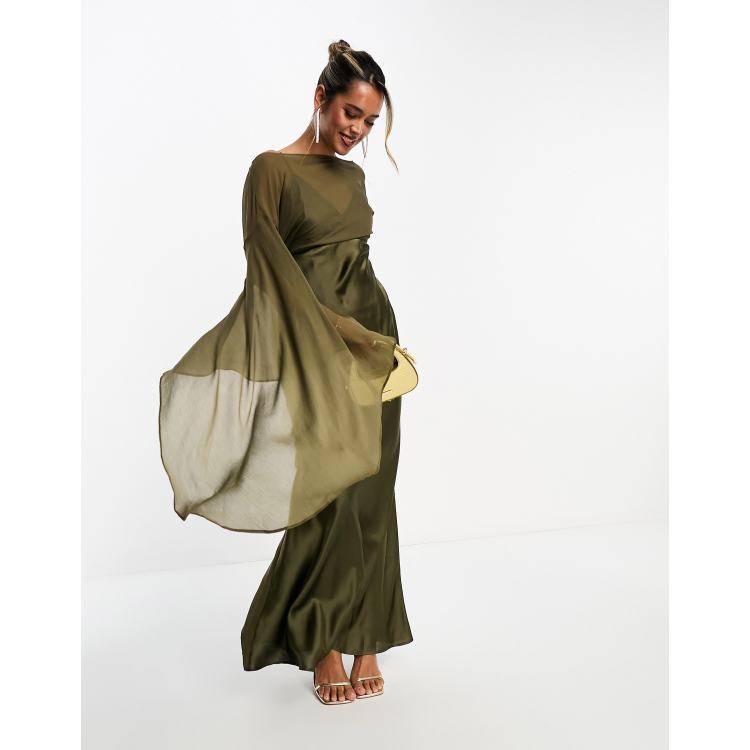 ASOS DESIGN extreme sleeve chiffon maxi dress with satin bias skirt in khaki ASOS