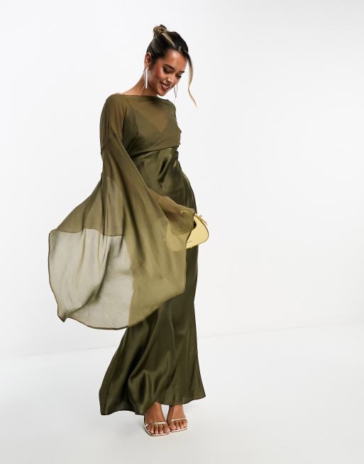 ASOS DESIGN extreme sleeve chiffon maxi dress with satin bias skirt in  khaki