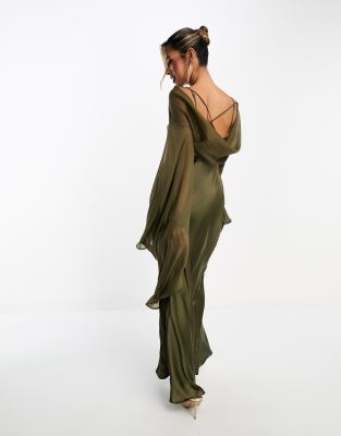 asos design satin maxi dress with extreme drape sleeve ASOS DESIGN satin maxi dress with extreme drape sleeve and open back in  olive