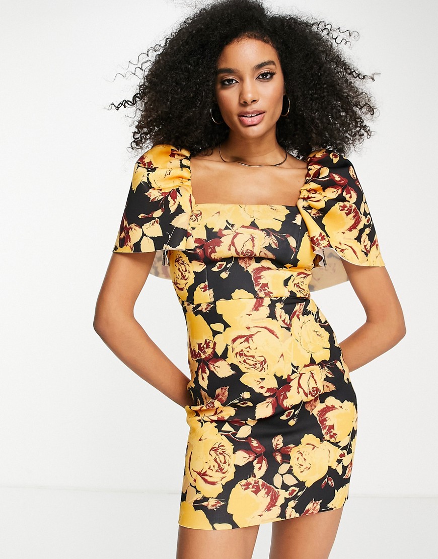 ASOS DESIGN extreme sleeve mini dress in yellow floral print-Multi