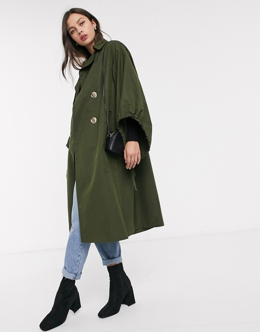 ASOS DESIGN extreme sleeve trench coat in khaki-Green