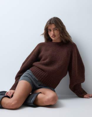 Asos Design Extreme Sleeve Waisted Sweater In Brown