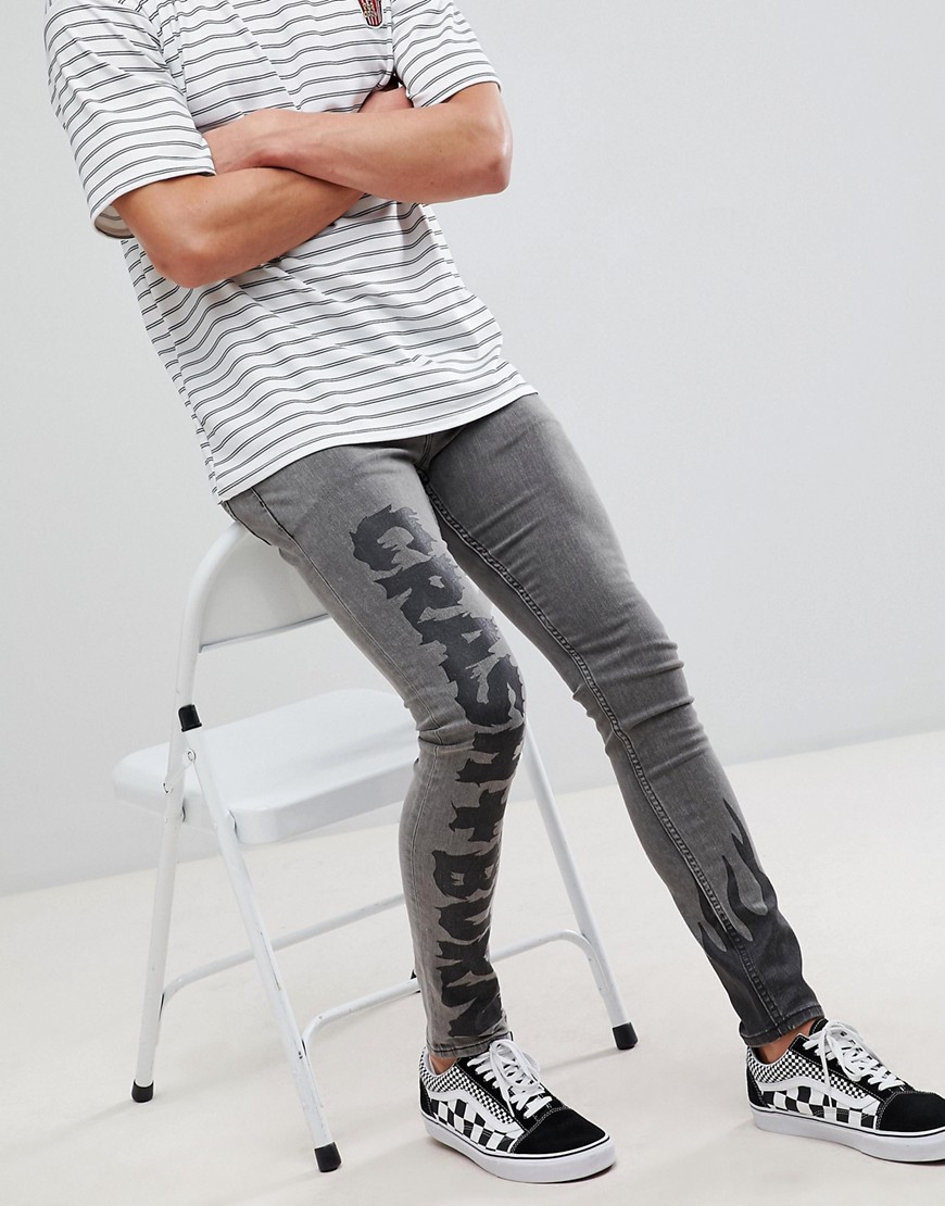 Asos Design Extreme Super Skinny Jeans In Black With Black Prints In Gray