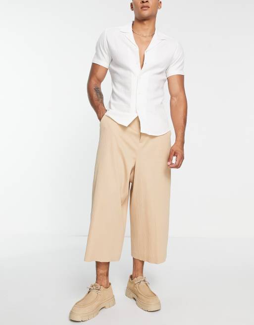 ASOS DESIGN extreme wide leg culotte smart pants in stone crinkle