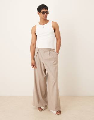 Asos Design Extreme Wide Leg Dress Pants With Box Pleats In Neutral