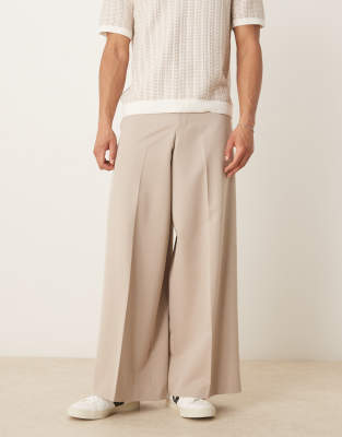 Asos Design Extreme Wide Leg Dress Pants With Front Pleats In Neutral