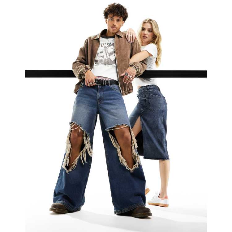 ASOS DESIGN extreme wide leg jeans in vintage tint with rips