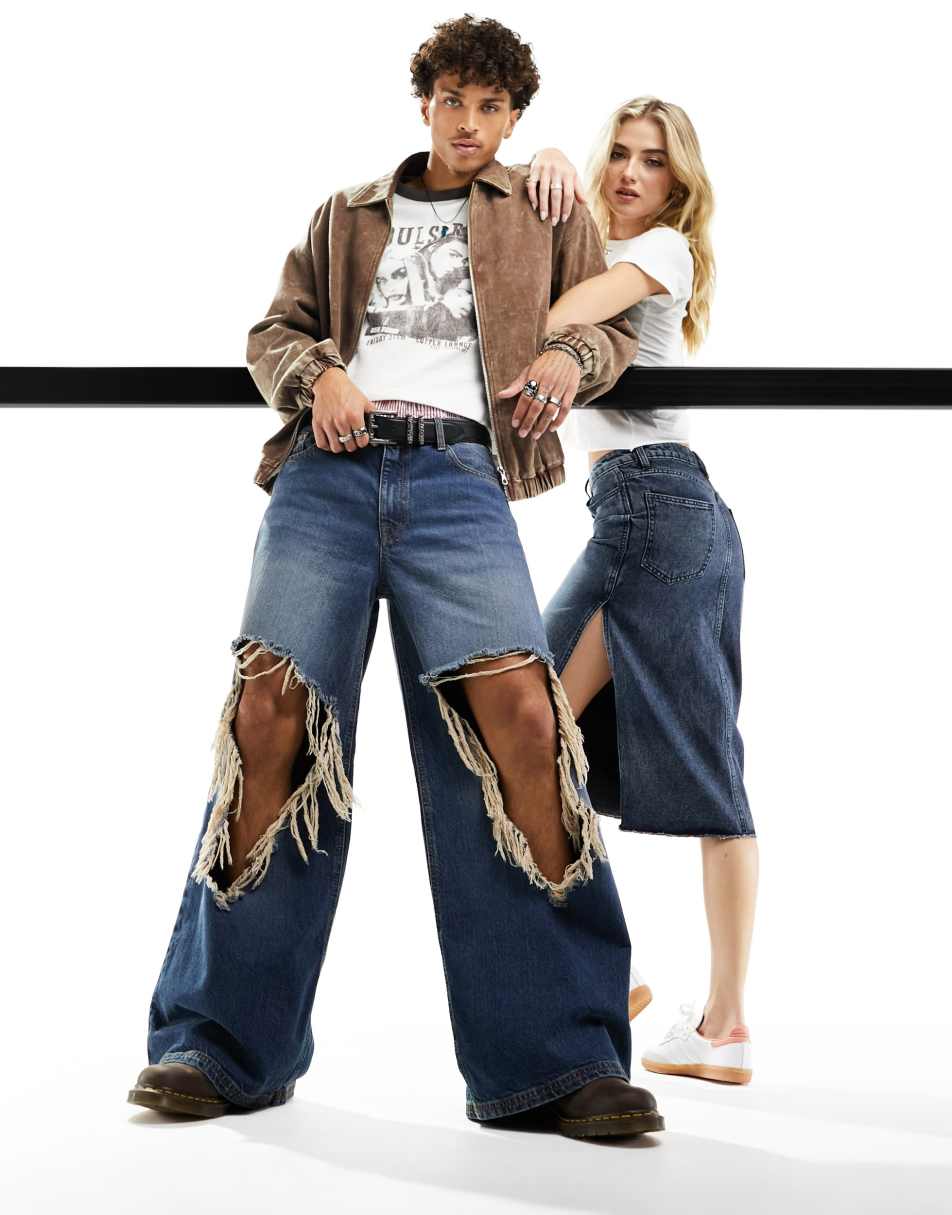 ASOS DESIGN extreme wide leg jeans in vintage tint with rips
