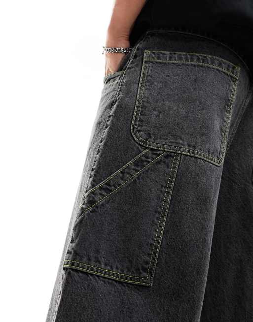 ASOS DESIGN extreme wide leg jeans with contrast green stitch in washed black, 5 of 5