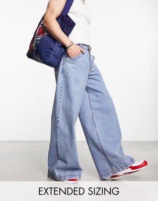 Asos Design Extreme Wide Leg Jeans With Red Contrast Stitch In Blue Wash