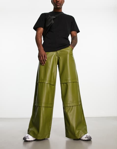 ASOS DESIGN extreme wide leg leather look jeans in khaki green - view 1