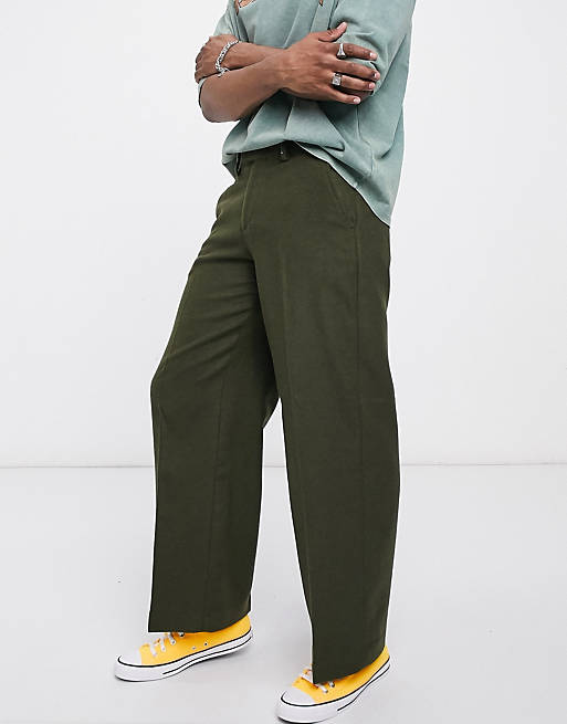 Men extreme wide leg smart trouser in khaki wool mix 