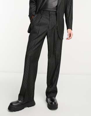 ASOS Design Extreme Wide Leg Suit Pants in Black with Gold Pinstripe