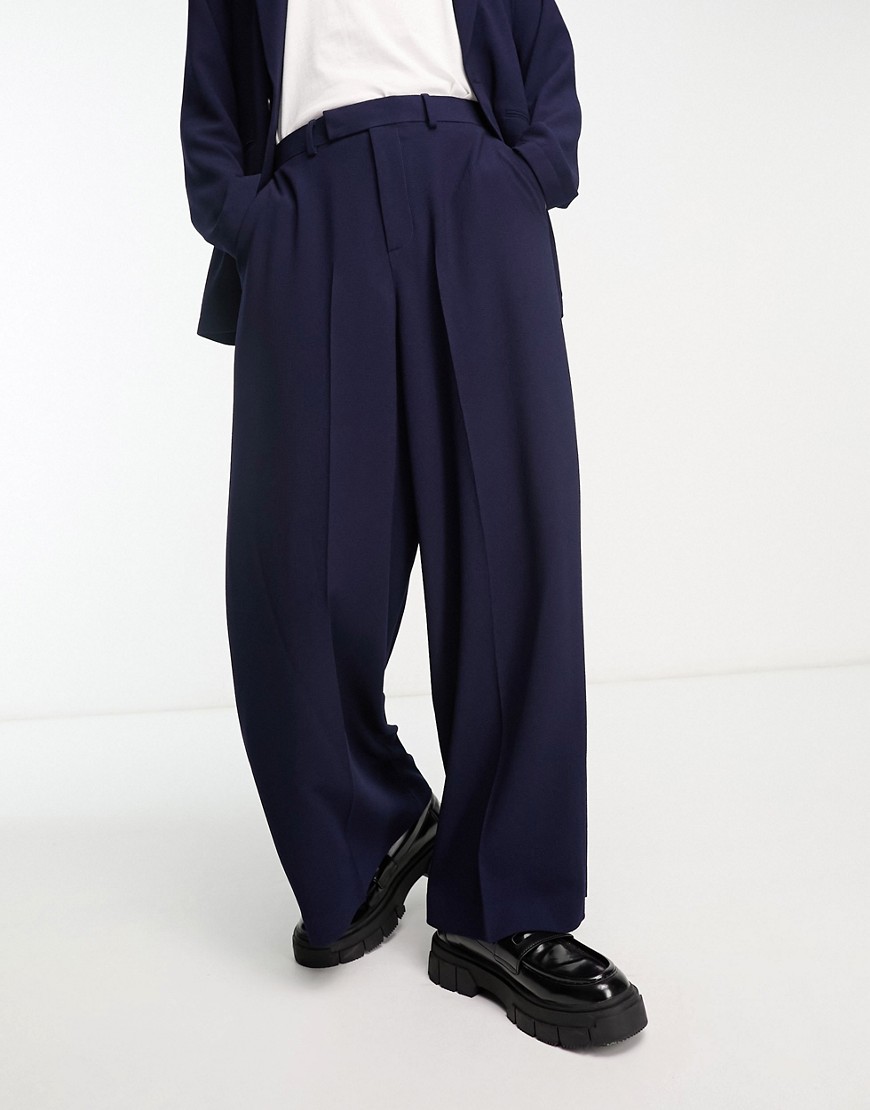 Asos Design Extreme Wide Leg Suit Pants In Navy Crepe