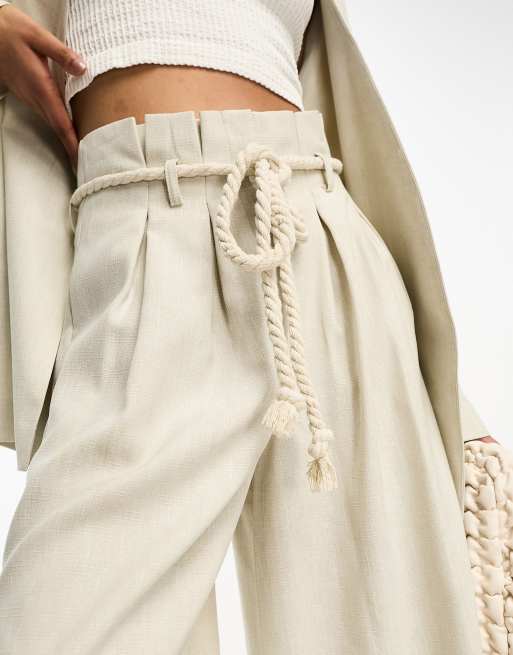 ASOS Design Extreme Wide Leg Suit Pants with Paperbag Waist and Rope Belt in natural-Neutral