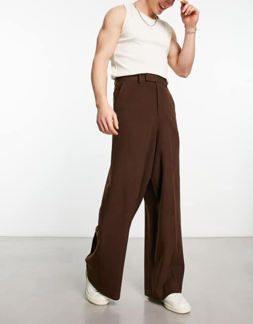 ASOS DESIGN extreme wide leg wool mix smart trouser in brown