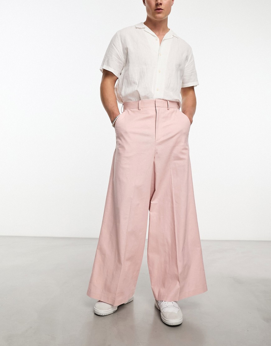 Asos Design Extreme Wide Linen Mix Suit Pants In Pink