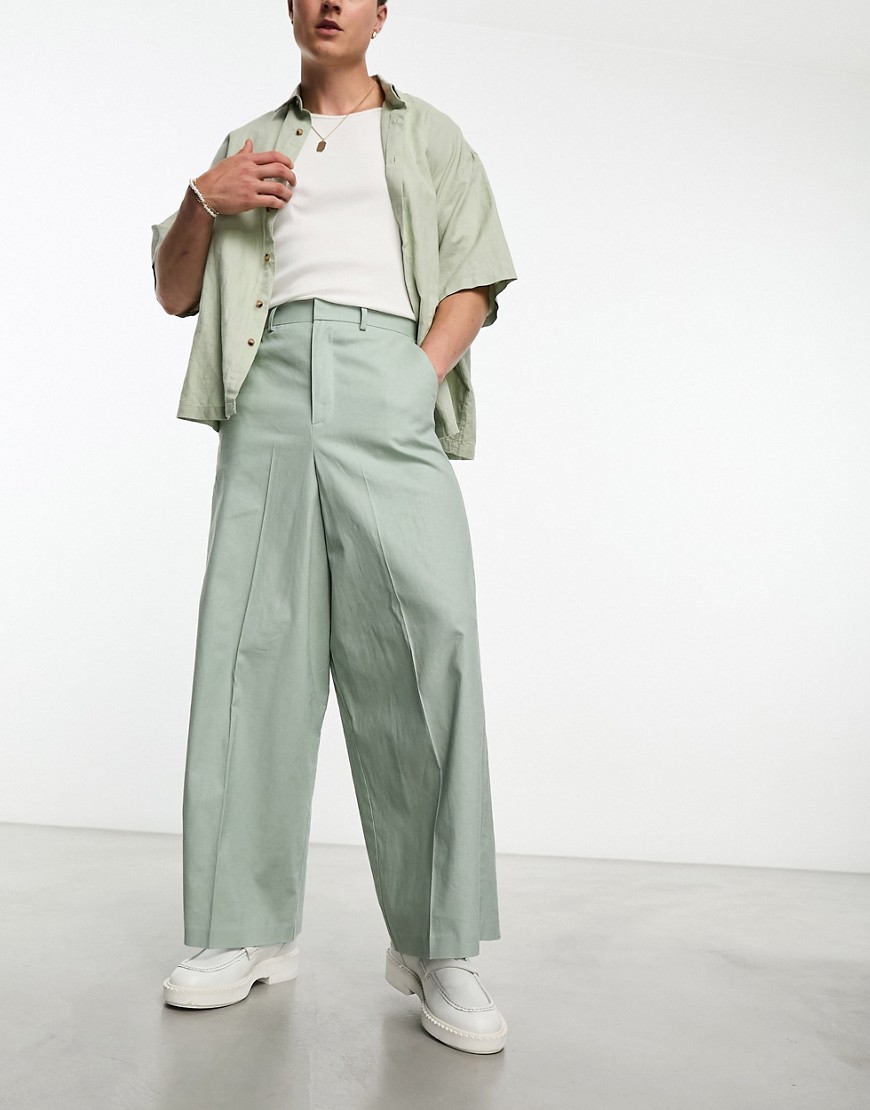 ASOS DESIGN extreme wide linen mix suit trousers in sage-Green