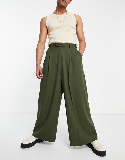 ASOS DESIGN high waisted extreme wide smart trouser in khaki