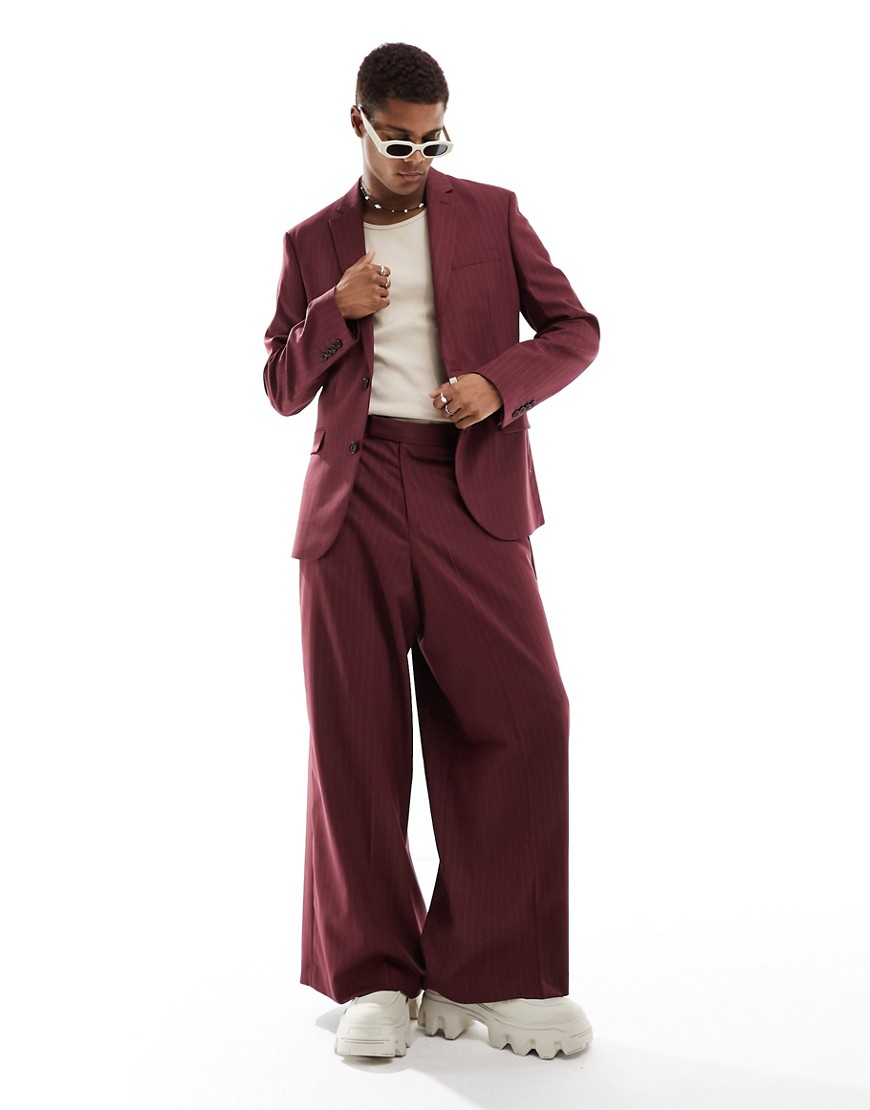 ASOS DESIGN extreme wide suit trouser in burgundy pinstripe-Red