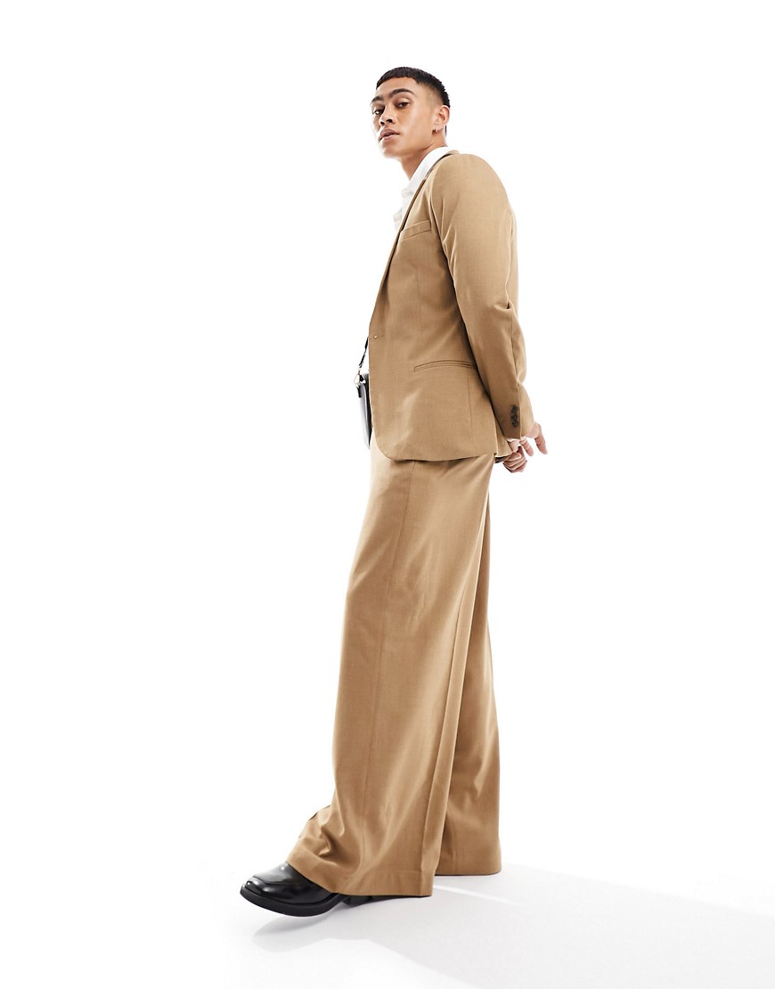 ASOS DESIGN extreme wide suit trouser in camel in micro texture-Brown