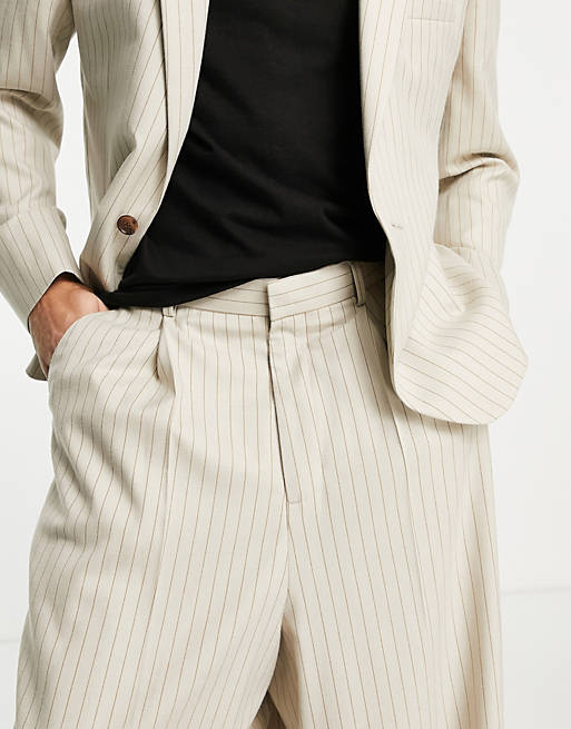 Wide leg suit trousers in pinstripe in beige ASOS Herren Kleidung Hosen & Jeans Lange Hosen Weite Hosen 