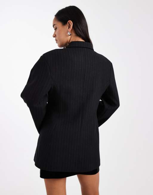 ASOS DESIGN extreme wrap blazer in black pinstripe, 2 of 4