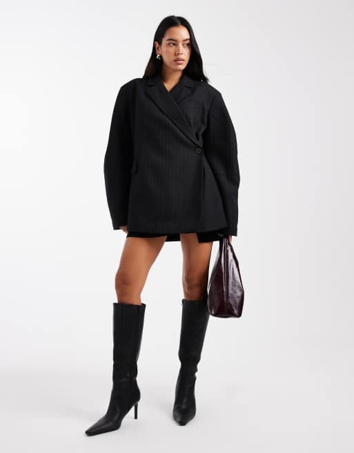 ASOS DESIGN extreme wrap blazer in black pinstripes, 3 of 4