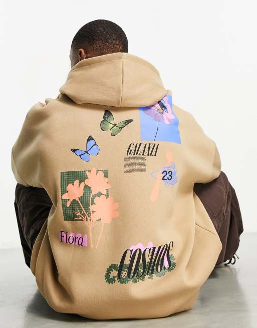 ASOS DESIGN – Extremer Oversize-Kapuzenpullover in Khaki mit Schmetterlingsprint vorn und hinten
