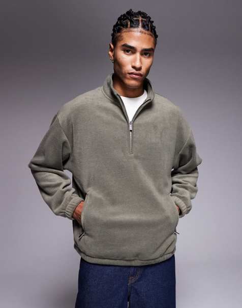 ASOS DESIGN – Extremes Oversize-Sweatshirt aus Fleece in Olivgrün mit Stehkragen und kurzem Reißverschluss - view 1
