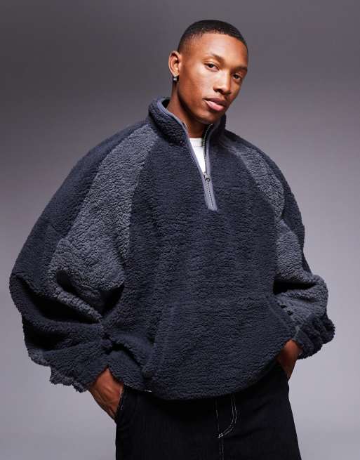 ASOS DESIGN – Extremes Oversize-Sweatshirt aus Teddyfell in Grau mit kurzem Reißverschluss