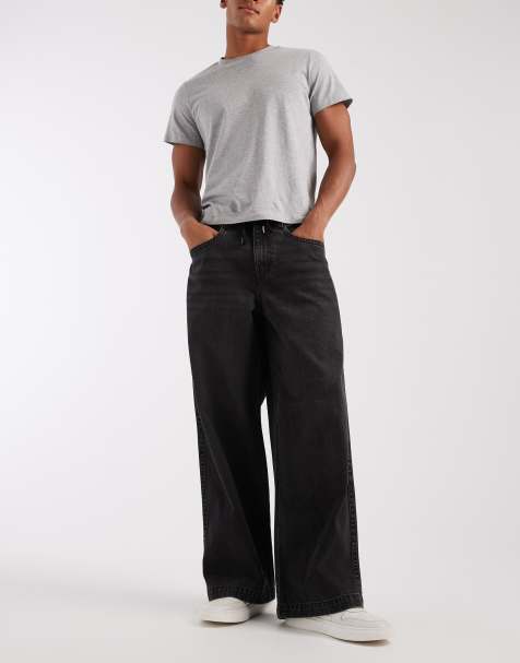 ASOS DESIGN extremt baggy jeans i tvättad svart med broderade bakfickor och knytmidja - view 1