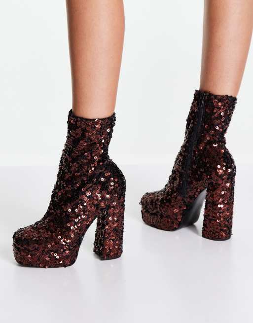 ASOS DESIGN – Extrovert – Brązowe cekinowe botki na platformie z wysokim obcasem