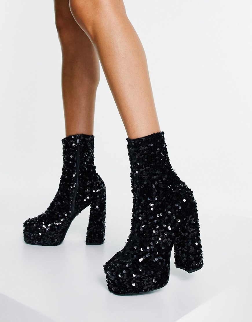 ASOS DESIGN Extrovert high-heeled platform boots in black sequin