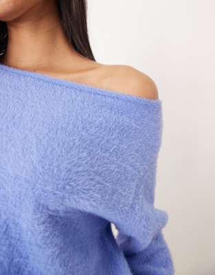 Asos Design Eyelash Knit Off The Shoulder Sweater In Blue