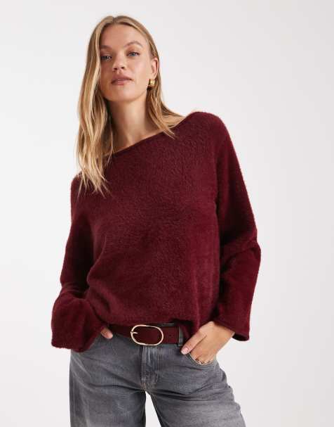 ASOS DESIGN eyelash knit off the shoulder sweater in plum - view 1
