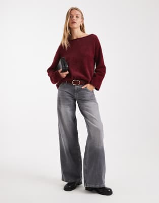 Asos Design Eyelash Knit Off The Shoulder Sweater In Purple