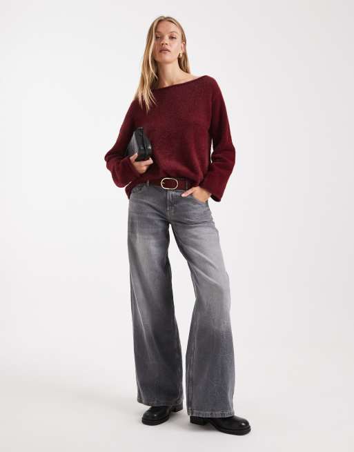 ASOS DESIGN eyelash knit off the shoulder sweater in plum