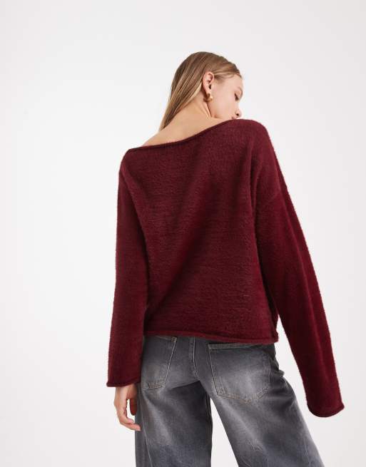 ASOS DESIGN eyelash knit off the shoulder sweater in plum